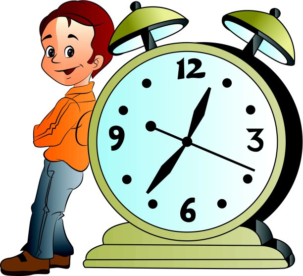 倚靠在巨型闹钟上的男人，插图图片下载