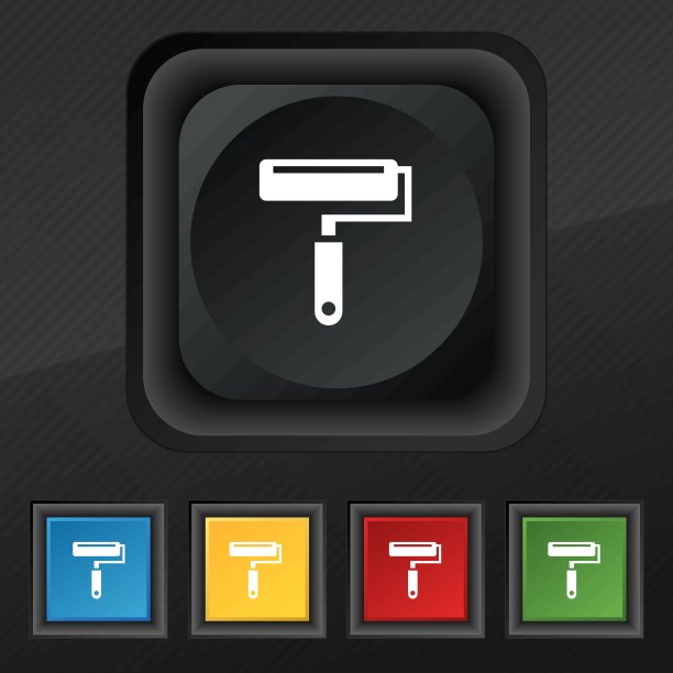 油漆滚筒图标符号。五套彩色，时尚的钮扣黑色纹理为您的设计。向量图片下载