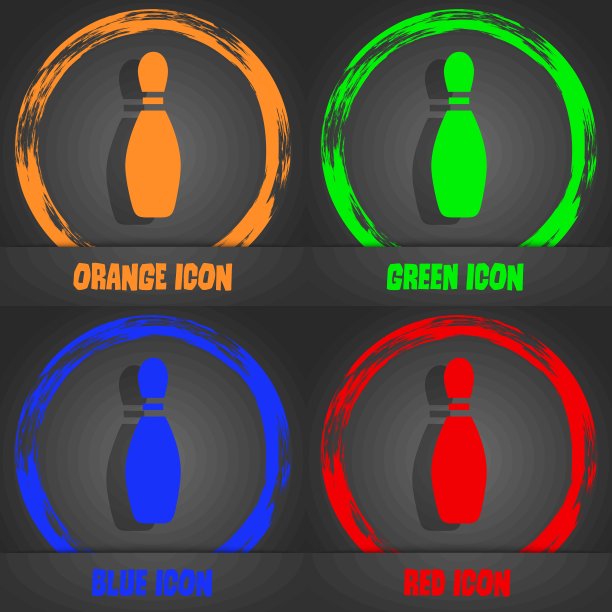 销保龄球图标。时尚的现代风格。橙色，绿色，蓝色，红色的图案。向量图片下载