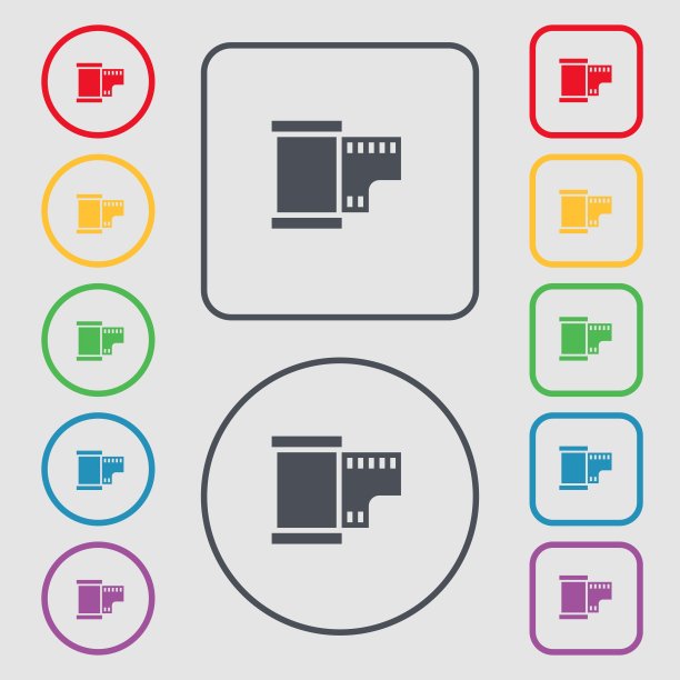 35毫米底片图标标志。符号在带有框架的圆形和方形按钮上。向量图片下载
