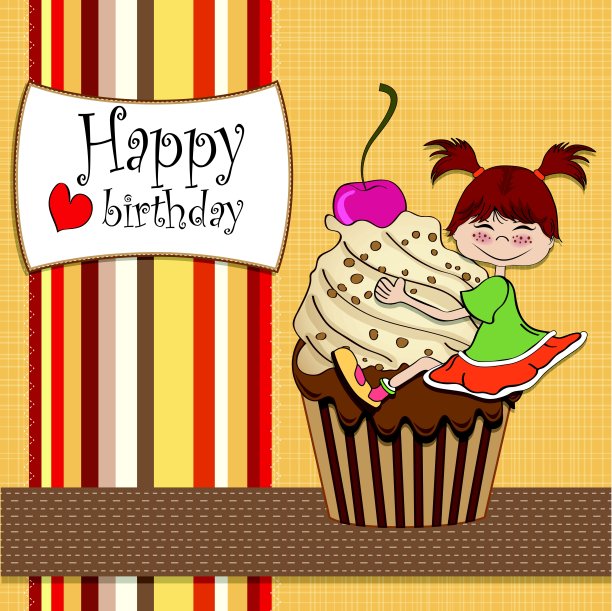 小蛋糕上有个有趣女孩的生日卡片图片下载