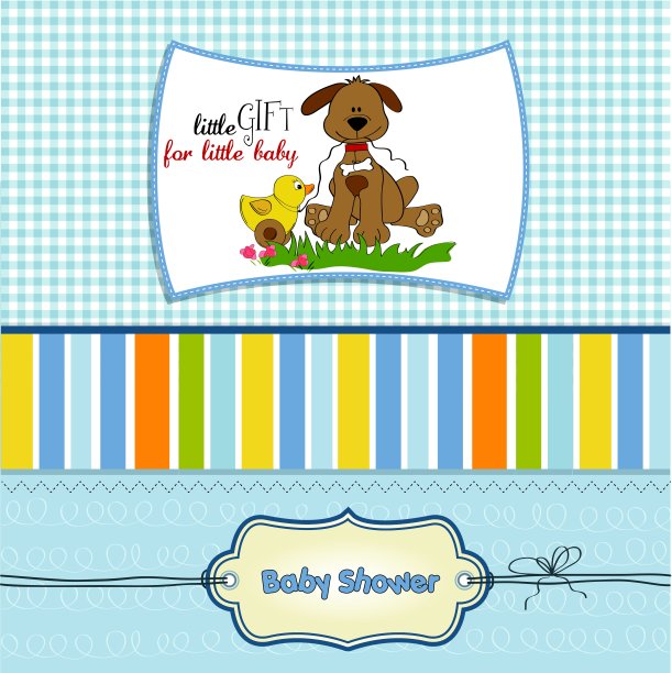 有狗和鸭子玩具的婴儿沐浴卡图片下载