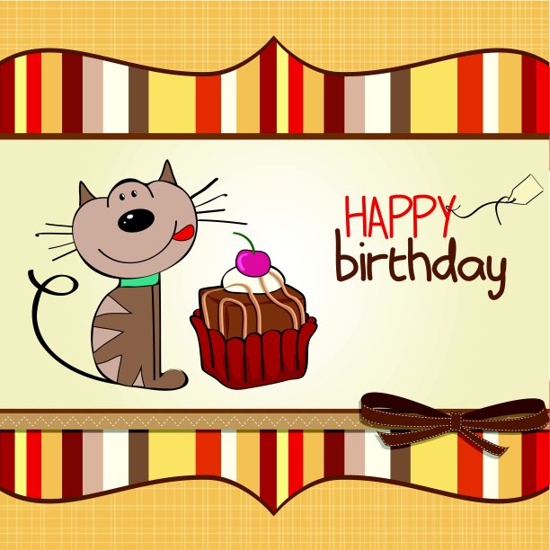 生日贺卡上有一只猫等着吃蛋糕图片下载