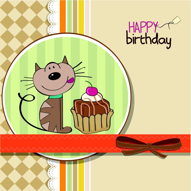 生日贺卡上有一只猫等着吃蛋糕图片下载