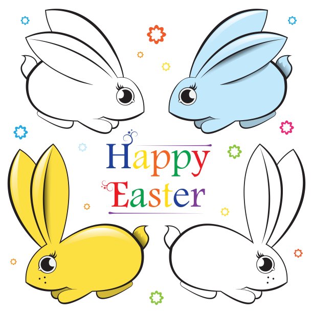 复活节。兔子的向量集。轮廓和彩绘图片下载