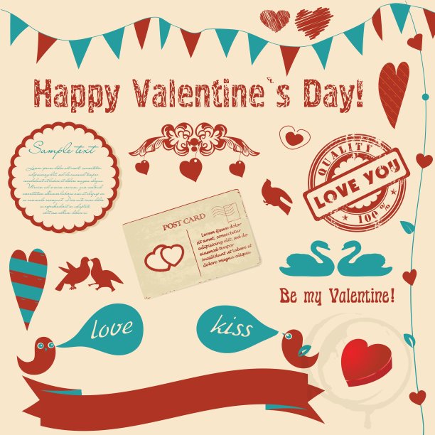 情人节的背景与复古元素和横幅(心，鸟，框架)图片下载