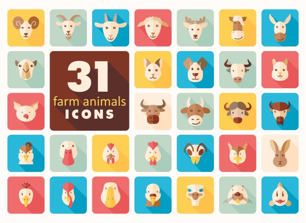 农场动物平面图标设置。向量的头。图片下载