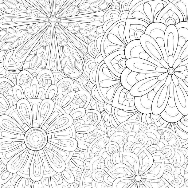 成人涂色书，页面上有可爱的抽象花卉背景图片图片下载