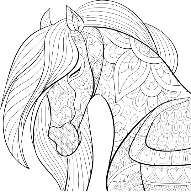 成人涂色书，页一个可爱的马图片放松。禅宗艺术图片下载