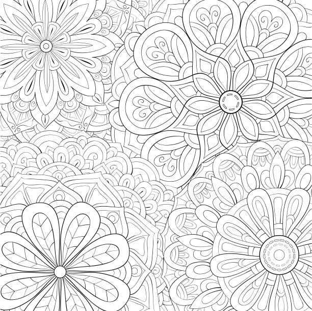 成人涂色书，页面上有可爱的抽象花卉背景图片图片下载