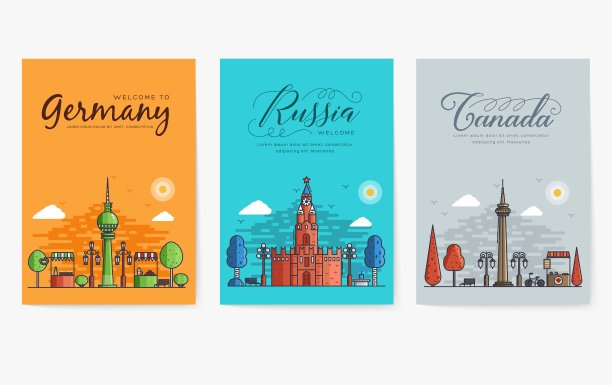 一套概述不同城市的旅游目的地。地标横幅细线传单，杂志，海报，书封面，横幅。布局世界建筑平面插图现代版面图片下载