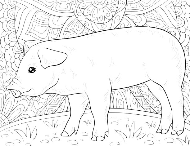 成人涂色书，页上是一只可爱的小猪的抽象背景图片下载