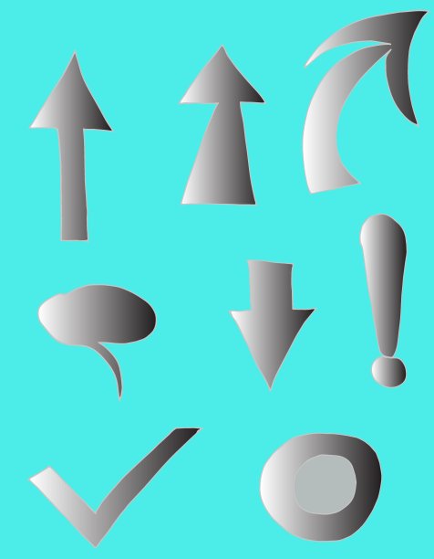 字符集-灰色渐变箭头，光标，感叹号，蓝色背景，手动绘制的孤立字符图片下载