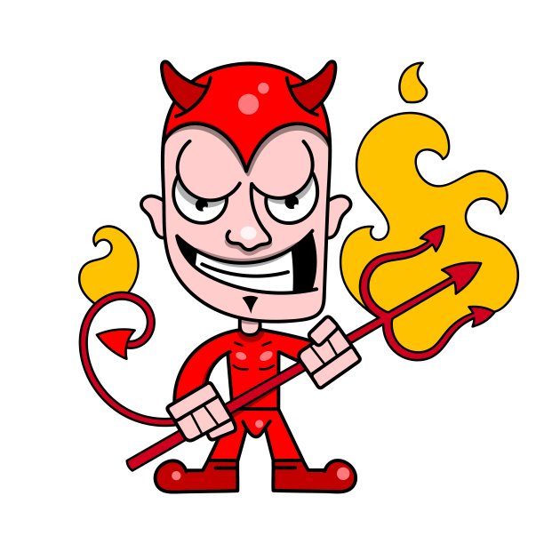 可爱的小魔鬼与角和一个燃烧的三叉戟，矢量标志图片下载