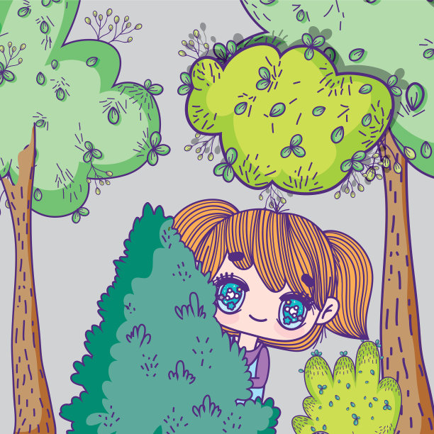 孩子们小女孩动漫树后的卡通图片下载