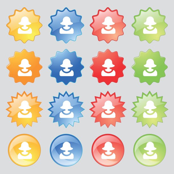 女性剪影图标标志。从14个多色玻璃按钮设置文本的地方。向量图片下载