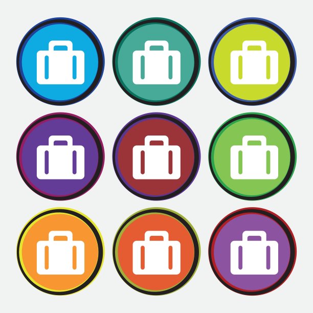 手提箱图标符号。九个多色圆形按钮。向量图片下载