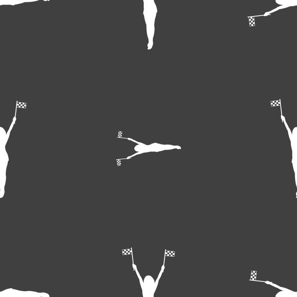 赛车引针女孩与旗帜图标标志。灰色背景上的无缝模式。向量图片下载