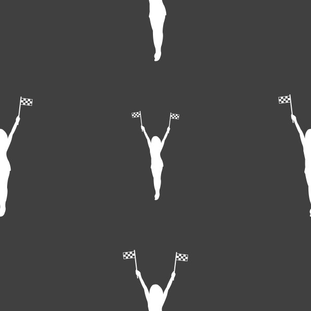 赛车引针女孩与旗帜图标标志。灰色背景上的无缝模式。向量图片下载