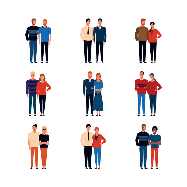 卡通情侣站图标设置丰富多彩的设计图片下载