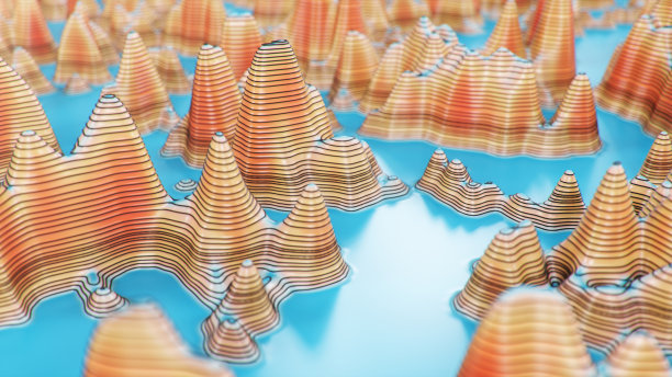 危险山区地形三维图。等高线地形图上的等高线研究地区地理:丘陵、山脉和平原。地图概念，登山，3d插图图片下载