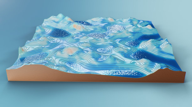 截面地形三维地图与水。等高线地形图上的等高线研究该地区的地理:山丘、山脉和平原。地图上的蓝色背景，3d插图图片下载