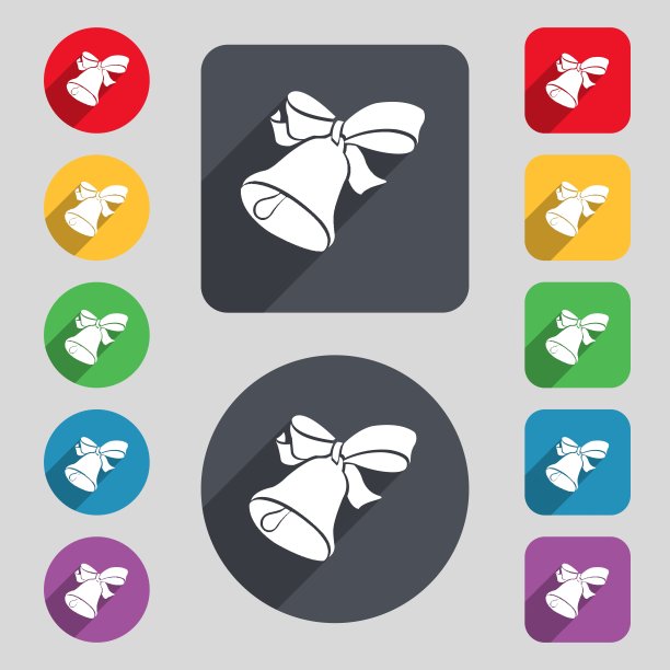 贝尔图标符号。一套12种颜色的纽扣和一个长长的影子。平面设计。向量图片下载