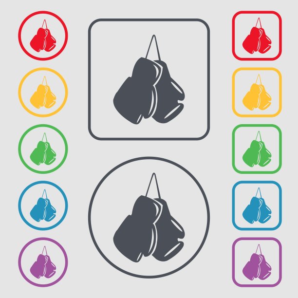 拳击手套图标标志。符号在带有框架的圆形和方形按钮上。向量图片下载
