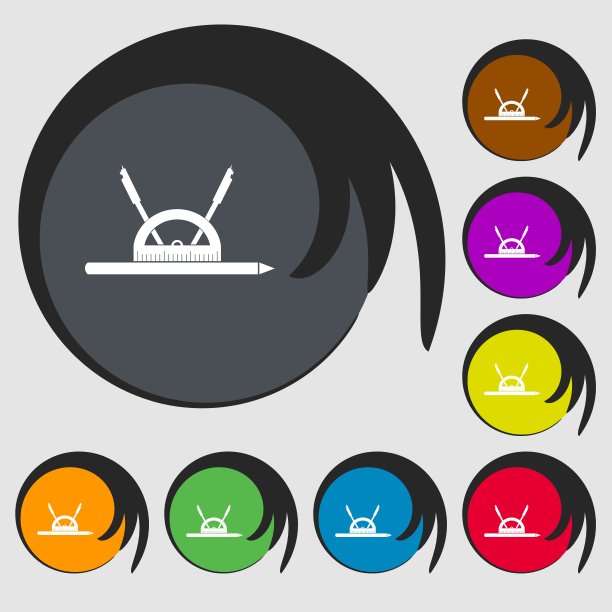 罗盘和量角器。字符几何。教育图标。八个彩色按钮上的符号。向量图片下载