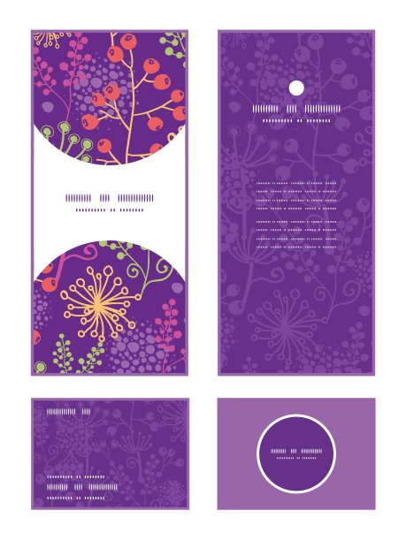 矢量彩色园林植物垂直框架图案请柬问候，回复和感谢卡集图片下载