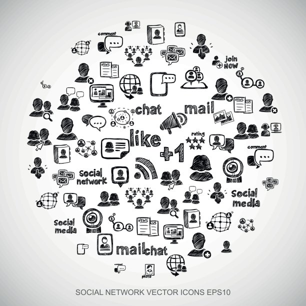 黑色涂鸦手绘社交网络图标设置为白色。EPS10矢量插图。图片下载