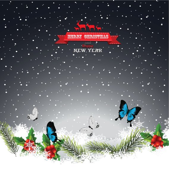 圣诞贺卡与美丽的蝴蝶背景图片下载