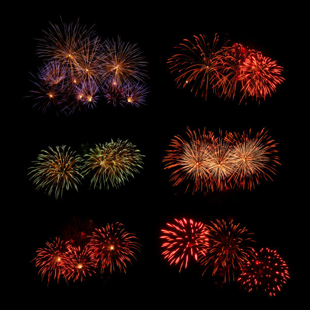 一组烟花孤立在黑色背景图片下载