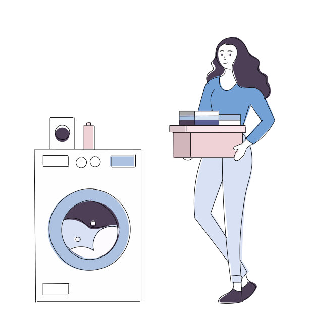 年轻的家庭主妇在家里用洗衣机洗衣服。插图-白色洗衣机与一个前装载图片下载