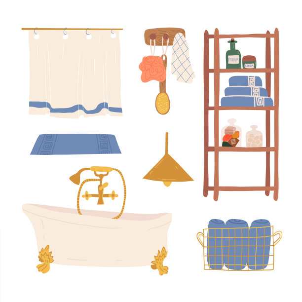 豪华的浴室内部设置复古风格的铸铁浴缸爪脚，黄铜吊灯和水龙头，浴帘，垫子，挂钩和毛巾，存储篮，木架和各种配件。图片下载