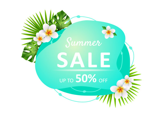 夏季特价液体彩色横幅。标签上有热带叶子，花鸡蛋花，火烈鸟，液体几何形状。模板为海报，网页，邀请，传单。矢量插图。图片下载