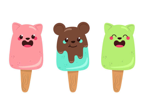 一套可爱的冰淇淋猫和老鼠。矢量隔离在卡通平面风格。图片下载