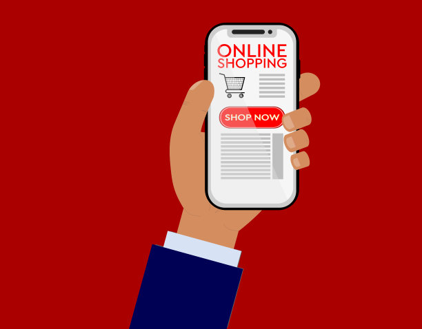 商人拿着智能手机，看着网上购物网站矢量图。图片下载