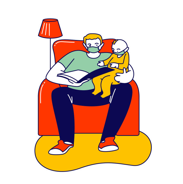 父母与孩子共度时光。医用面具中的单亲父亲角色给儿子读书，孩子听爸爸说。业余、居家隔离。线性人物矢量图图片下载