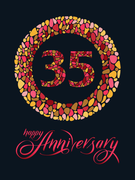 35周年快乐标志卡。明亮的马赛克标志第35圈与优雅的手写书法字母文字在黑色的背景。图片下载