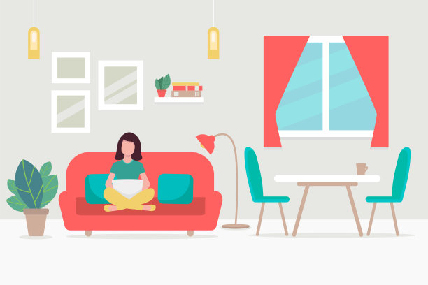 家庭内部。女孩，一个年轻的女人坐在沙发上拿着笔记本电脑。为网站、印刷品、海报、展示、信息图表设计客厅室内。平面设计说明。图片下载