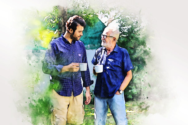 抽象丰富多彩的家庭时光，爸爸和儿子谈生活方式在花园家的水彩插画画的背景。图片下载