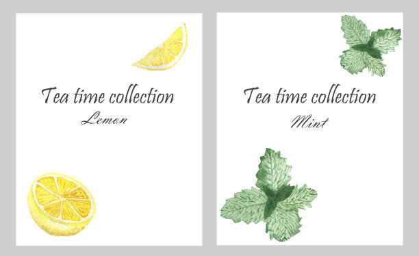 水彩手绘自然健康草药框架与黄色的柑橘，柠檬水果和绿色薄荷树叶茶时间卡片收集在白色的背景邀请和贺卡图片下载