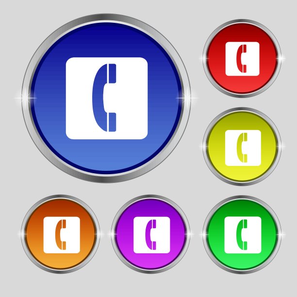 手机图标的迹象。圆形符号上鲜艳的色彩按钮。向量图片下载