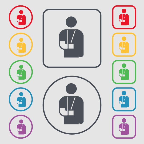 断臂，残疾标志。符号在带有框架的圆形和方形按钮上。向量图片下载