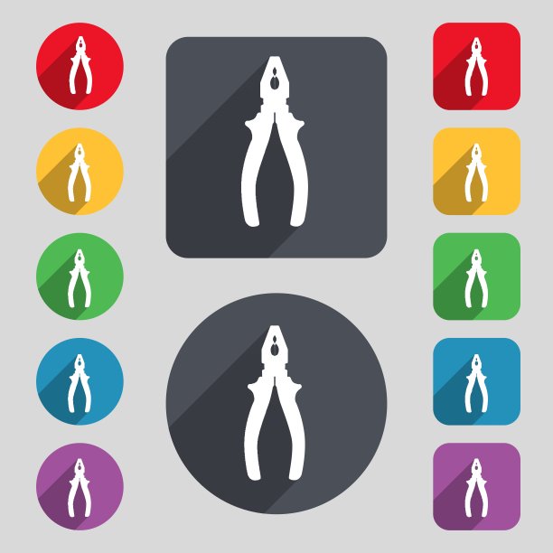 钳图标符号。一套12种颜色的纽扣和一个长长的影子。平面设计。向量图片下载