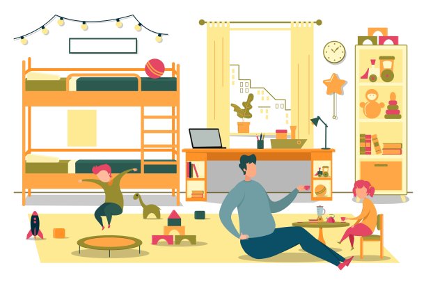 快乐的父亲和快乐的孩子在卧室里玩图片下载