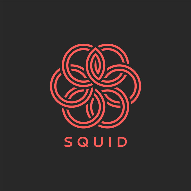 鱿鱼标志或章鱼的交织字母，覆盖编织珊瑚细线和圆形几何形状，象征海鲜餐厅菜单或时尚印花的t恤。图片下载