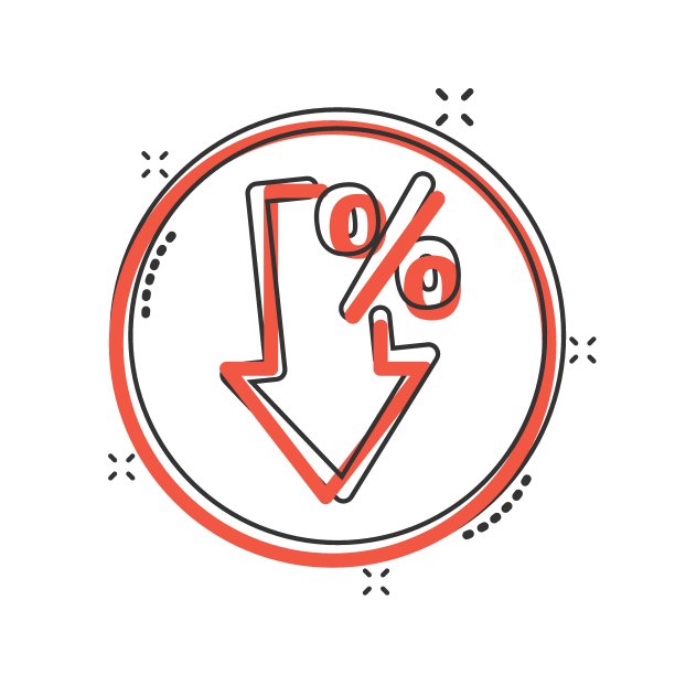 下降箭头图标在漫画风格。减少白色孤立背景上的卡通矢量插图。营收模式飞溅效应经营理念。图片下载