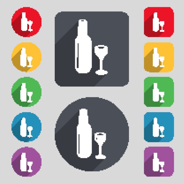 酒瓶和玻璃图标标志。一套12种颜色的纽扣和一个长长的影子。平面设计。向量图片下载
